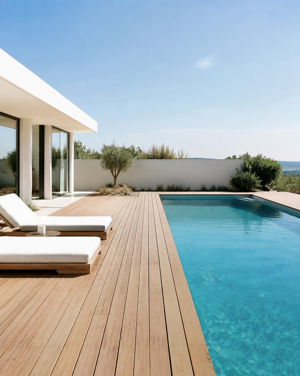 Piscina residencial contemporânea com longo deck de madeira